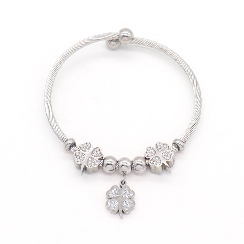Manufacture Wholesale Custom China Factory Ajustable CZ Four-Leaf Clover Charm No Tarnish Stainless Steel Bracelet Bangle For Women