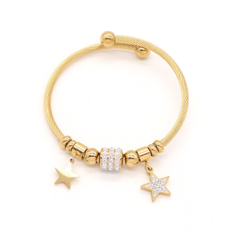 Customized Various Women Factory Wholesale Ajustable Gold Plated Micro Pave CZ Star Charm Stainless Steel Bracelet Bangle