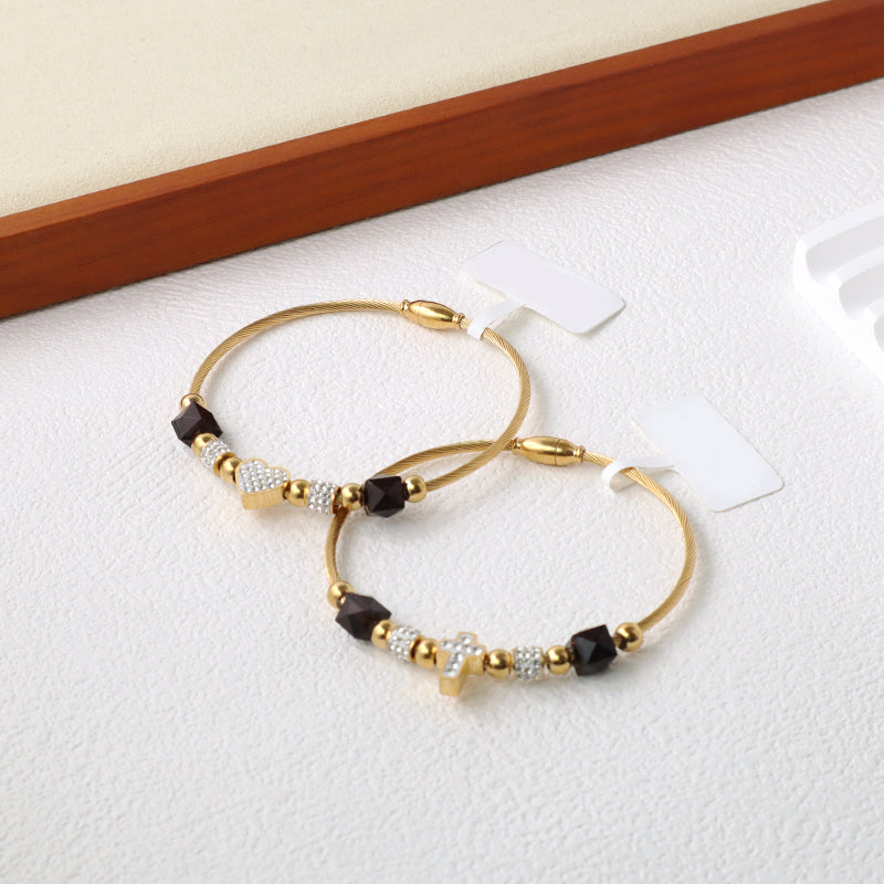 Custom Factory Wholesale Jewelry Gold Plated CZ Cross Love Heart Charm Stainless Steel Bangle Bracelet For Women