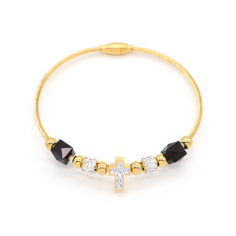 Custom Factory Wholesale Jewelry Gold Plated CZ Cross Love Heart Charm Stainless Steel Bangle Bracelet For Women