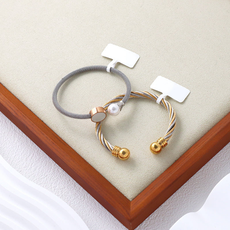 Simple Design Good Quality Women Wholesale Customized Jewelry Open Pearl Charm Stainless Steel Expandable Bangle Bracelet