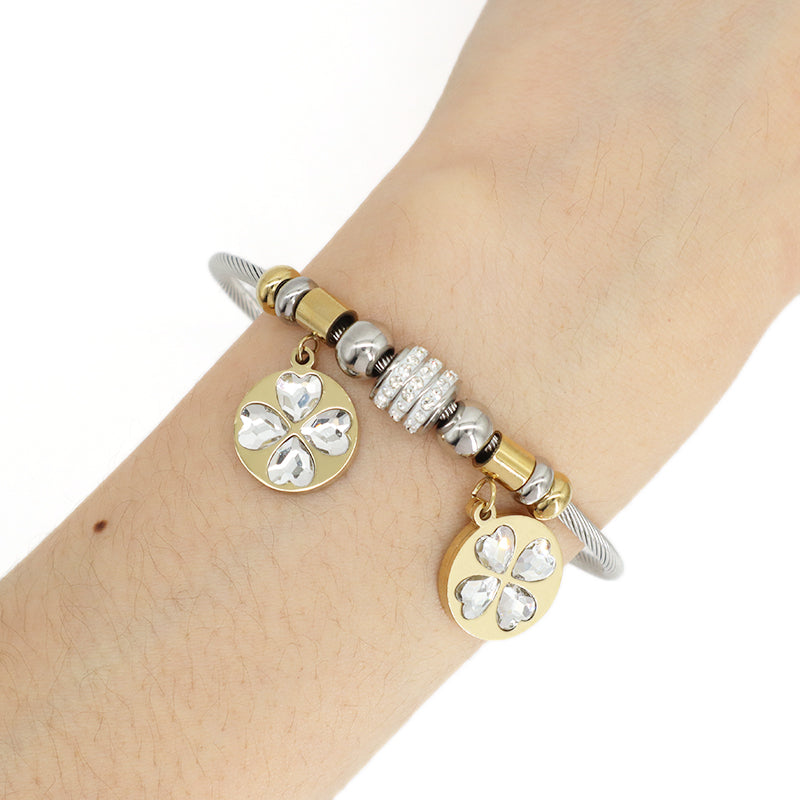 Manufacture Factory Wholesale Custom CZ Gold Plated Flower Charm Stainless Steel Bracelet Bangle For Women