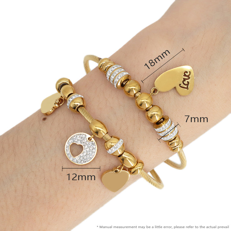 Wholesale Factory Trendy Women Custom Gold Plated Micro Pave CZ Love Heart Charm Stainless Steel Bracelet Bangle