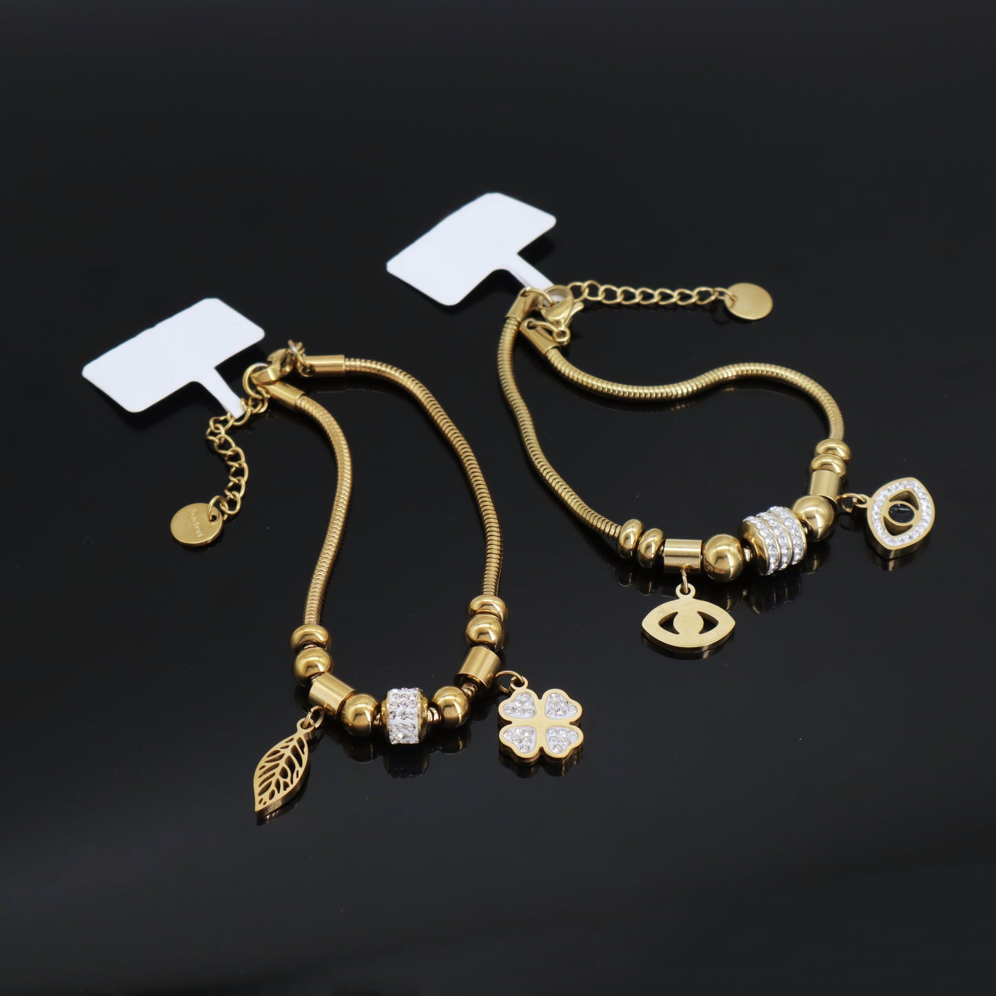 2023 China Factory Manufacture New Wholesale Fashion Custom Women Jewelry Ajustable CZ Gold Plated Stainless Steel Leaf Flower Evil Eyes Bracelet Bangle