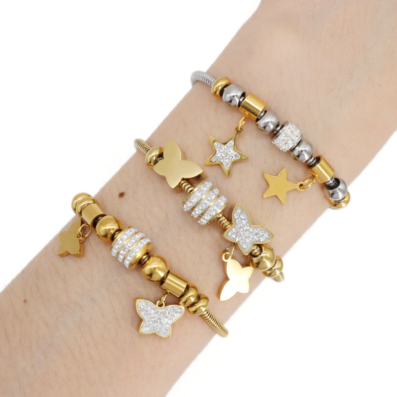 Ajustable CZ Gold Plated Stainless Steel Butterfly Star Charm Bracelet China Factory Manufacture New Wholesale Fashion Custom Women Star Butterfly Bangle Jewelry