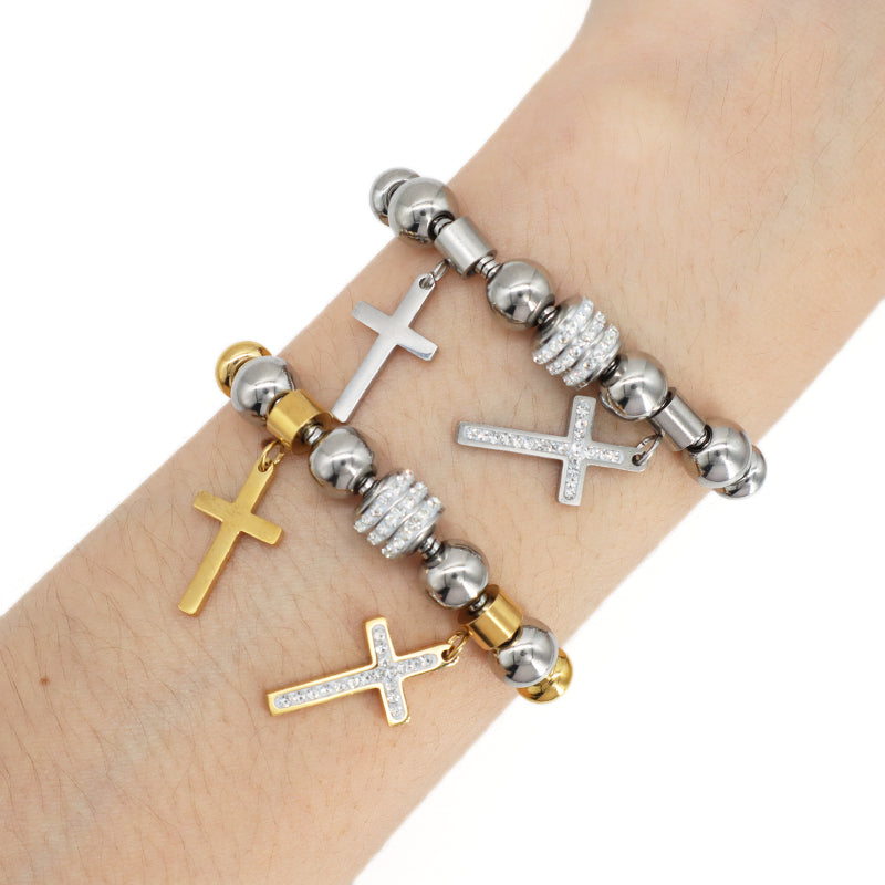 New Fashion Wholesale Cross Charm Bangle Jewelry China Factory Manufacture Custom Ajustable CZ Gold Plated Stainless Steel Cross Bracelet For Women