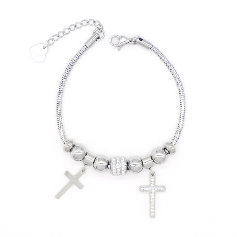 New Fashion Wholesale Cross Charm Bangle Jewelry China Factory Manufacture Custom Ajustable CZ Gold Plated Stainless Steel Cross Bracelet For Women