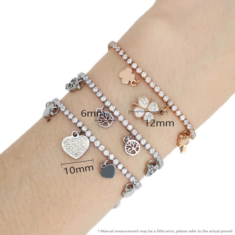 Fashion Manufacture Wholesale China Factory Custom Jewelry Ajustable CZ Rose Gold Stainless Steel Heart Four-leaf clover Lucky Charm Bracelet Bangle For Women Gift
