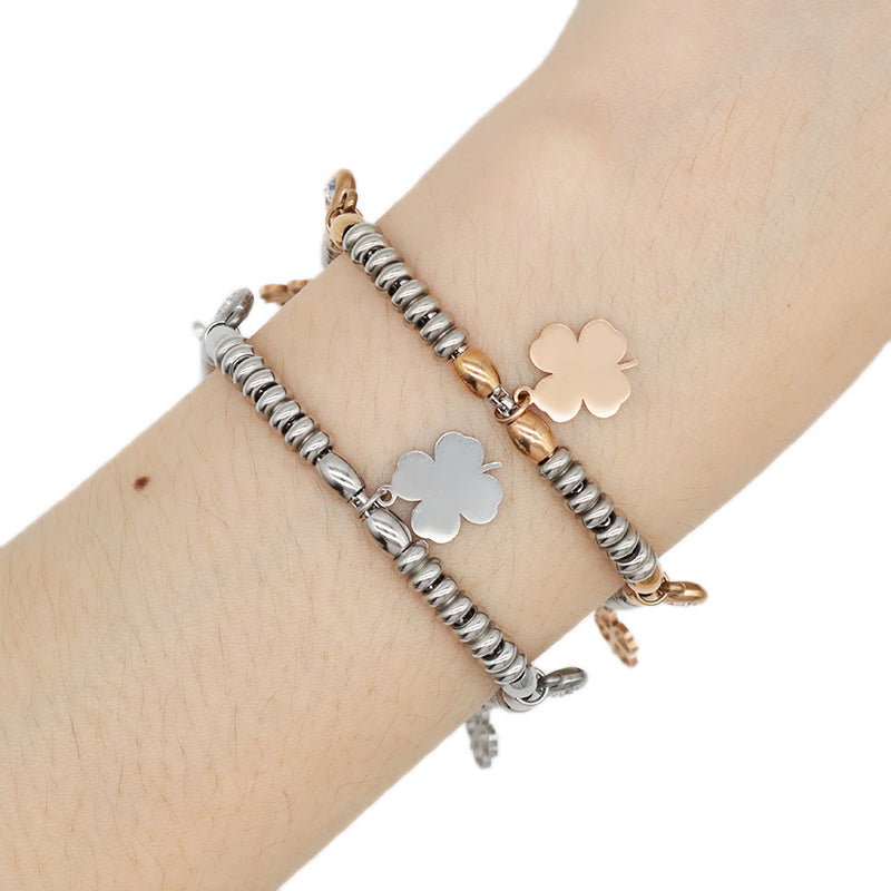 China Factory Wholesale Trendy Custom Manufacture Charm Bracelet Jewelry Ajustable CZ Rose Gold Four Leaf Clover Stainless Steel Cuff Bangle For Gift Women