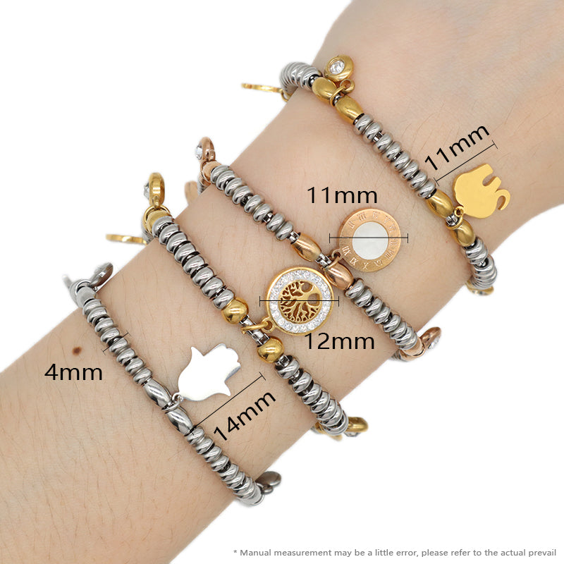 Custom Wholesale Fashionable Manufacture China Factory Elephant Charm Bracelet Jewelry Ajustable CZ Women Gold Plated Roman Numerals Elephant Life Tree Hand Stainless Steel Cuff Bangle For Gift Women