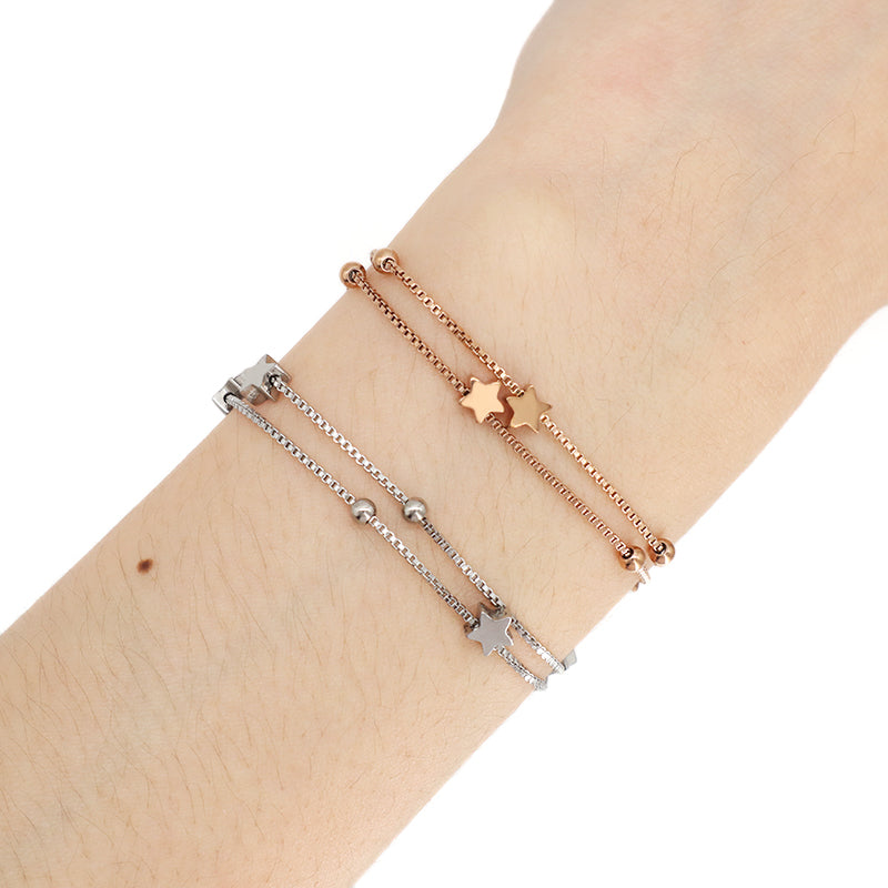 New Bulk Sale Fashion Jewelry China Factory Manufacture Custom Ajustable Women Bangle Rose Plated Stainless Steel Double Layer Star Charm Bracelet