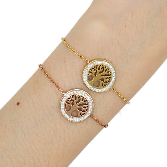 New Hot Selling Wholesale Manufacture Custom Factory Fashion Women Jewelry Ajustable Gold Plated Rose Gold Stainless Steel Micro Pave CZ Life Tree Bangle Bracelet