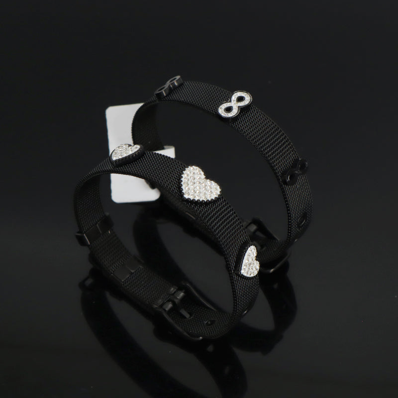 Hot Selling Ajustable Wholesale Customized Jewelry Black CZ Heart Charm Stainless Steel Bangle Bracelet For Women