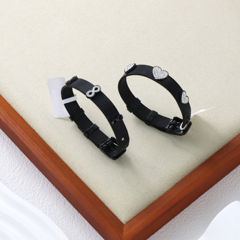 Hot Selling Ajustable Wholesale Customized Jewelry Black CZ Heart Charm Stainless Steel Bangle Bracelet For Women