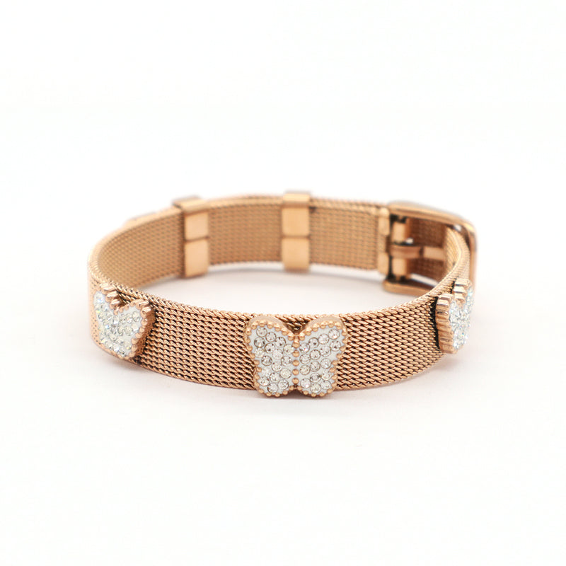 New Bulk Sale Fashion Women Custom Jewelry Ajustable CZ Rose Gold Flower Butterfly Charm Stainless Steel Bracelet Bangle