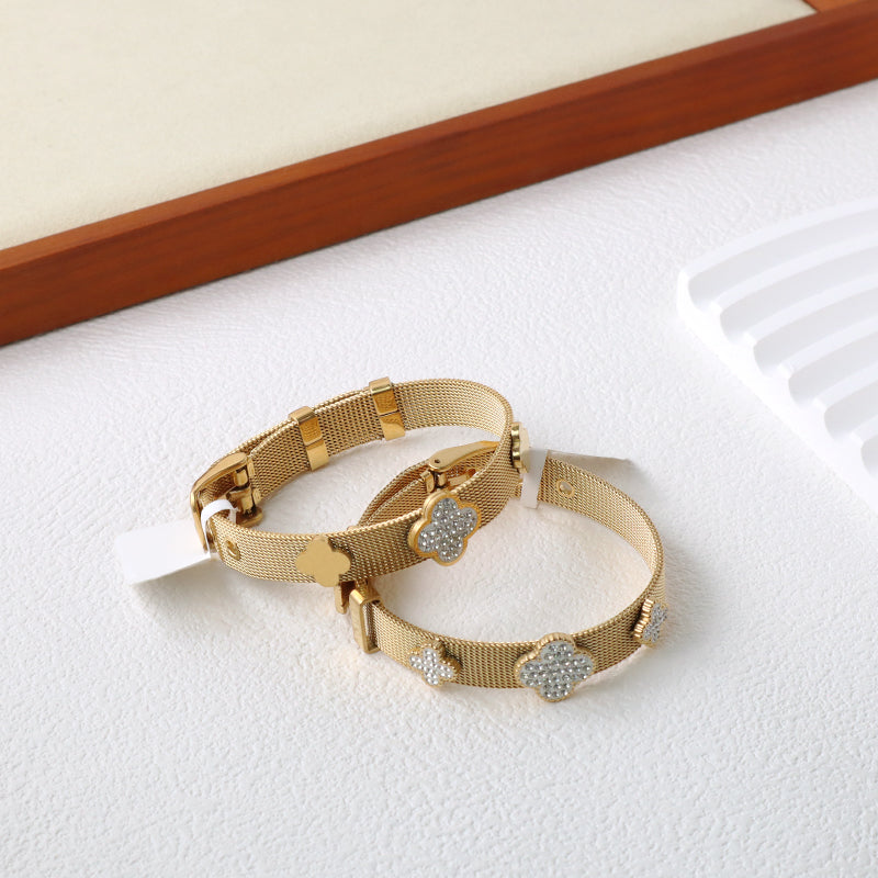 New Fashion Wholesale Women Custom Jewelry Ajustable Stainless Steel CZ Gold Plated Flower Charm Bracelet Bangle