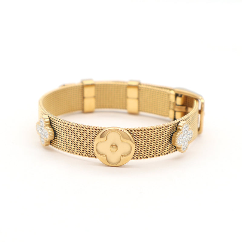 New Fashion Wholesale Women Custom Jewelry Ajustable Stainless Steel CZ Gold Plated Flower Charm Bracelet Bangle