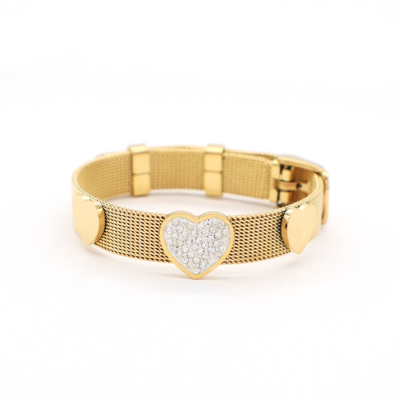 Good Quality  Wholesale Women Custom Fashion Jewelry Ajustable Stainless Steel CZ Gold Plated Heart Charm Bracelet Bangle