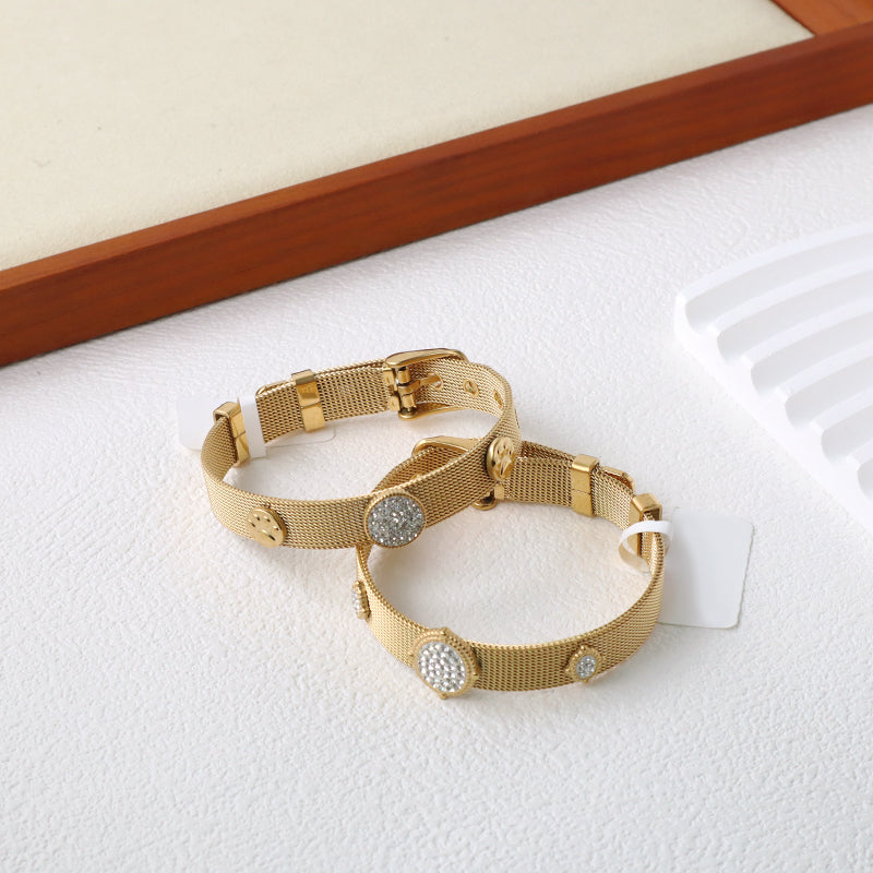 Fashion Design Newest Wholesale Women Custom Jewelry Ajustable Stainless Steel CZ Gold Plated Round Charm Bracelet Bangle