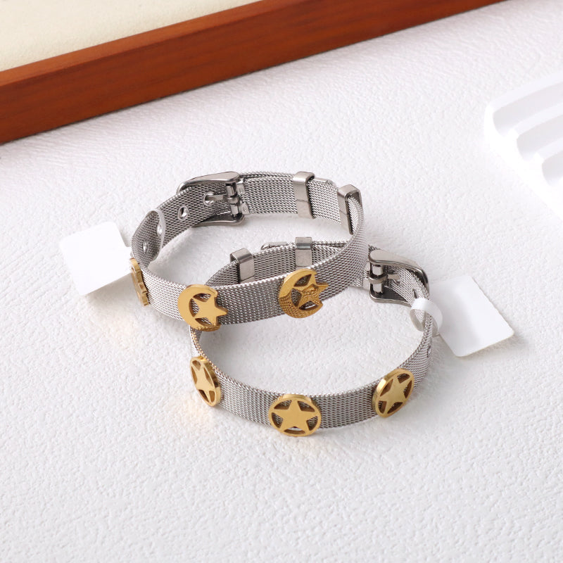 Customized Factory New Fashion Wholesale Women Jewelry Ajustable Stainless Steel CZ Gold Plated Moon Star Charm Bracelet Bangle