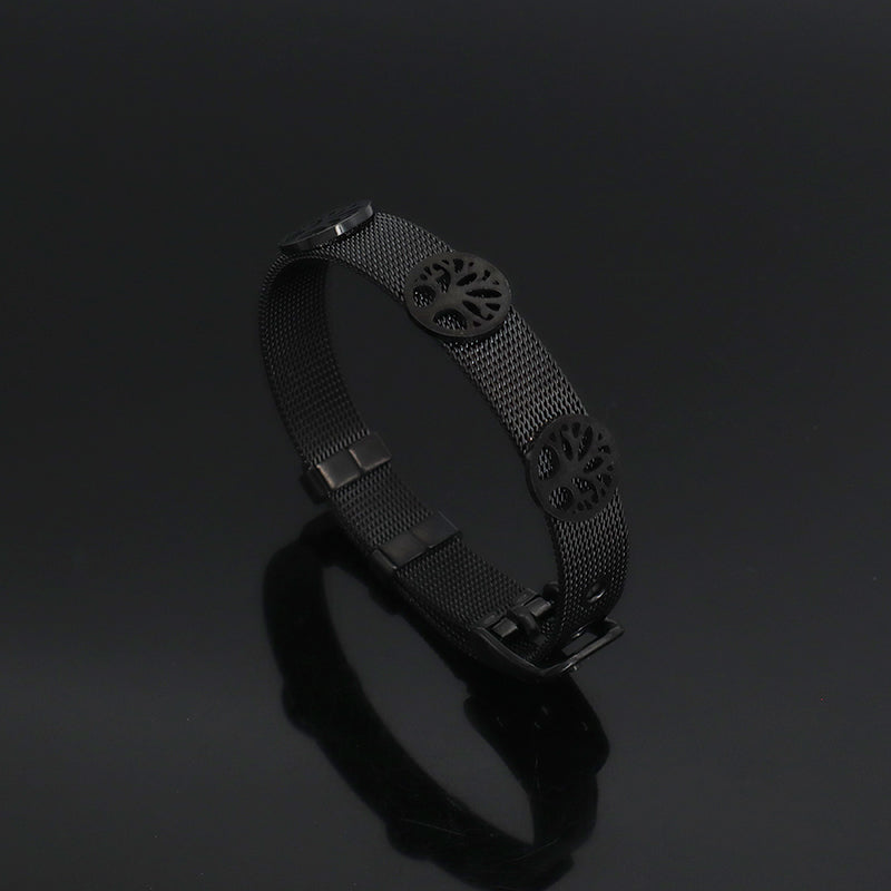 China Factory New Fashion Wholesale Custom Women Jewelry Ajustable Stainless Steel Black Plated Tree Charm Bracelet Bangle