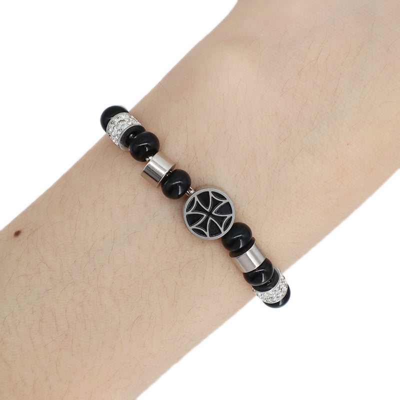 Fashion Customized China Factory Wholesale Manufacture Women Jewelry Ajustable Black Beads CZ Stainless Steel Cross Charm Bangle Bracelet For Gift