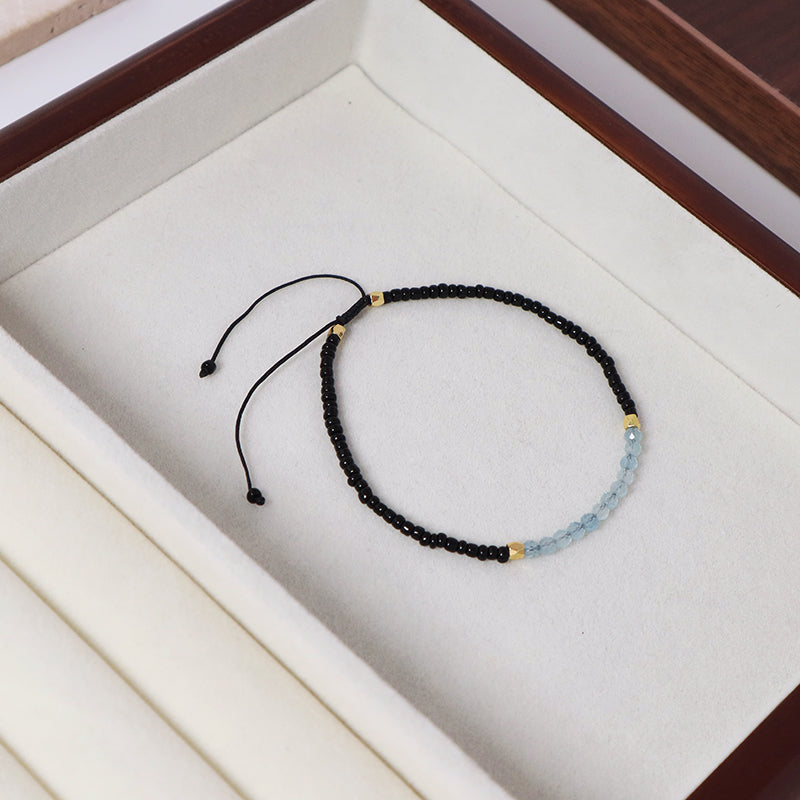 Newest Custom Gold Plated Charm Women Handmade Ajustable Blue Glass Crystal Black Seed Beads Woven Macrame Bracelet