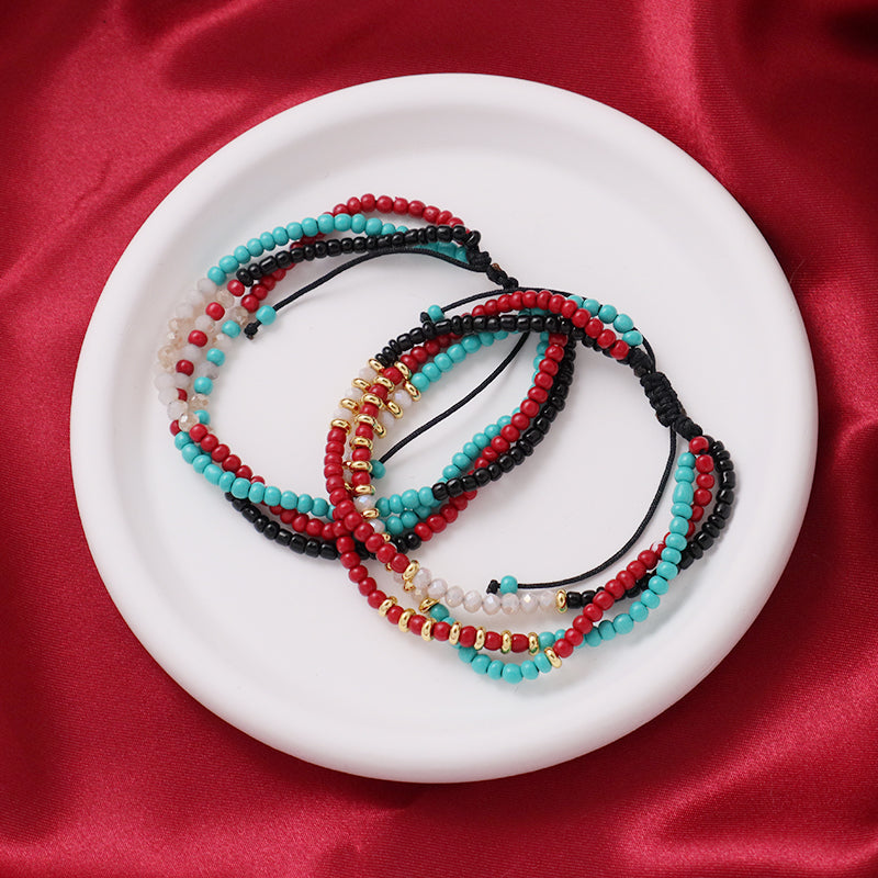 Custom Handmade Wholesale OEM Women Ajustable Braided Macrame Three Layer Colorful Glass Crystal Gold Plated Seed Beads Bracelet