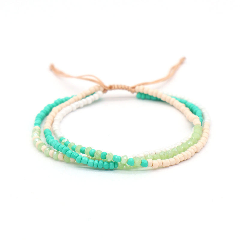 Three Layer Blue Green Pink Colorful Custom Handmade Wholesale Women Ajustable Braided Macrame Glass Crystal Seed Beads Bracelet