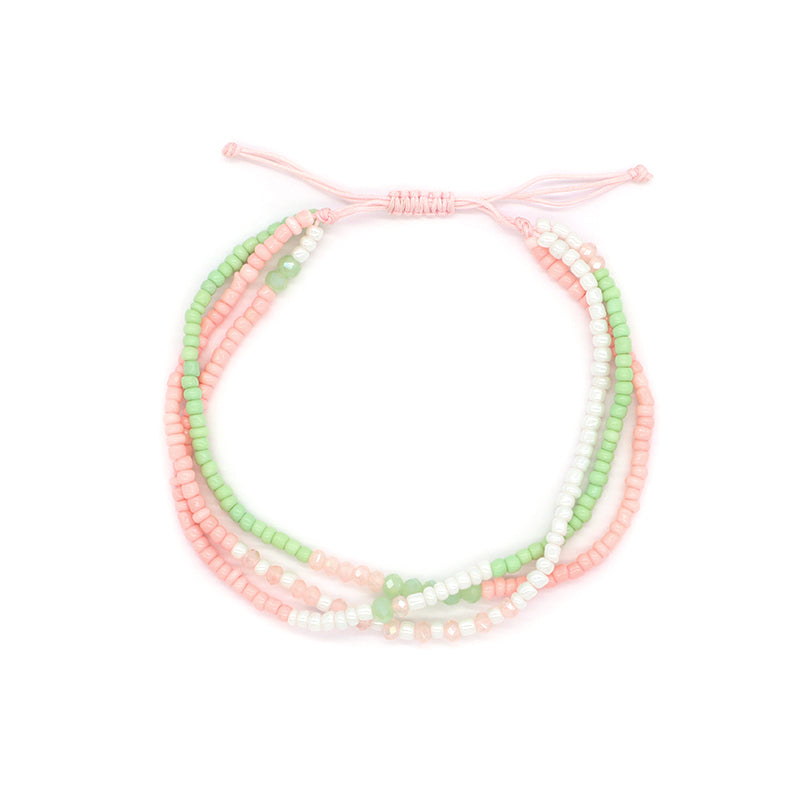 Three Layer Blue Green Pink Colorful Custom Handmade Wholesale Women Adjustable Braided Macrame Glass Crystal Seed Beads Bracelet