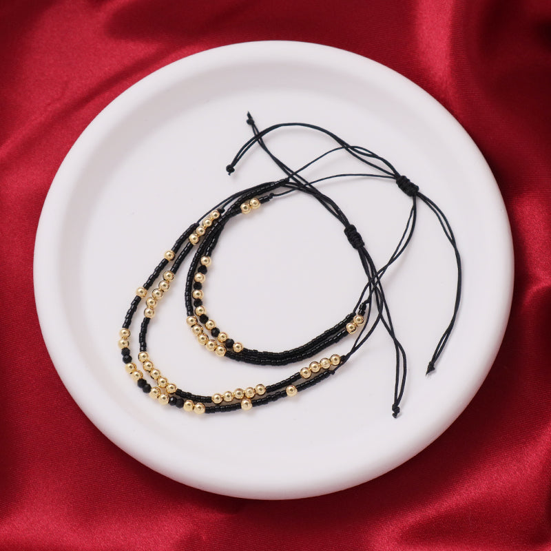 Custom Wholesale Gold Plated Black Glass Crystal Beaded Fashion Braided Jewelry Gift Double Layer Women Woven Adjustable Handmade Macrame Cord Miyuki Bracelet