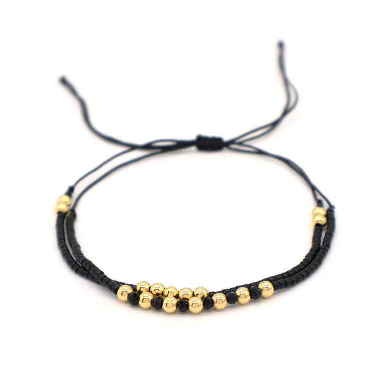 Custom Wholesale Gold Plated Black Glass Crystal Beaded Fashion Braided Jewelry Gift Double Layer Women Woven Adjustable Handmade Macrame Cord Miyuki Bracelet