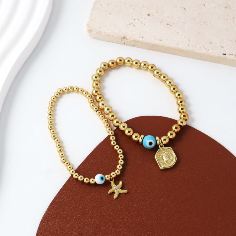 Custom Women Jewelry Wholesale Handmade Gift Elastic 4mm 6mm Gold Plated CZ Charm Starfish Turkish Evil Eyes Beaded Bracelet