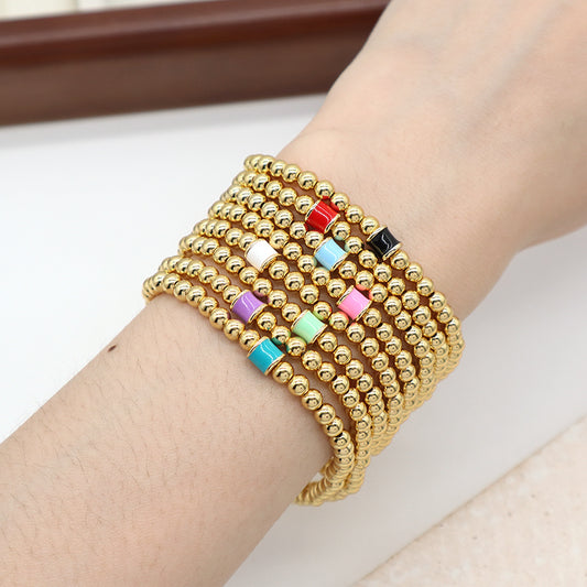 White Pink Red Blue Purple Black Custom Women Jewelry Handmade Elastic 4mm Gold Plated Enamel Connector Charm Beaded Bracelet