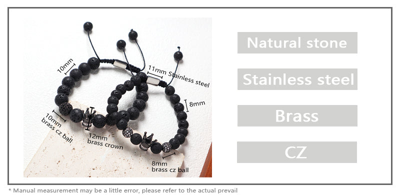 Wholesale Custom Yoga Ajustable Handmade Stainless Steel Closure CZ Crown Charm Macrame Knots 8mm10mm Natural Stone Bracelet