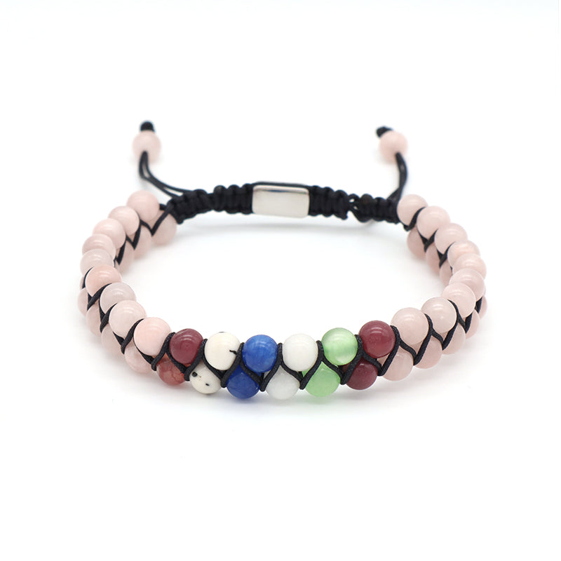 Mens Women Wholesale Double Layer Customized OEM Stainless Steel Logo Macrame Handmade Woven 6mm Natural Stone Beads Bracelet