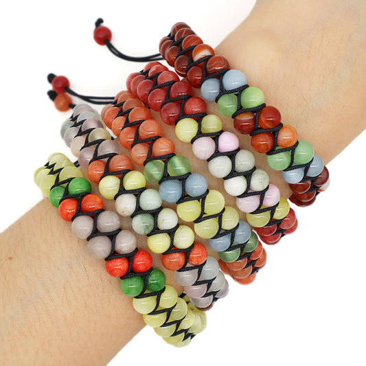 Customized OEM Wholesale Mens Women Double Layer Stainless Steel Logo 6mm Natural Stone Beads Macrame Woven Handmade Bracelet