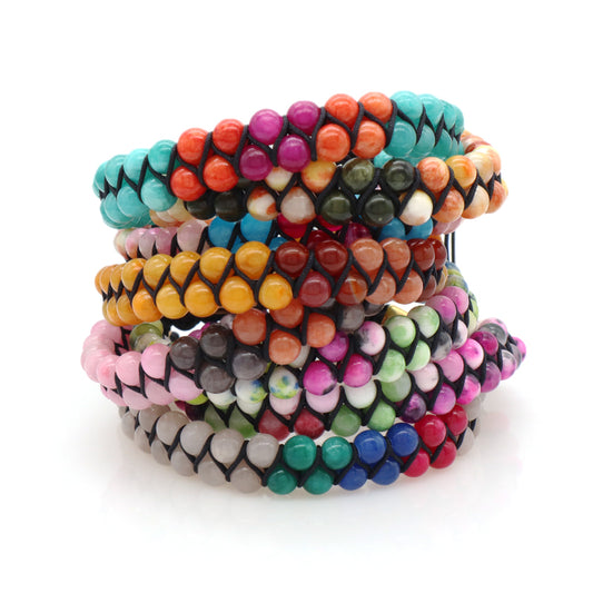 Various Colorful Custom OEM Mens Women Double Layer Stainless Steel Logo Macrame Woven Handmade 6mm Natural Stone Beads Bracelet