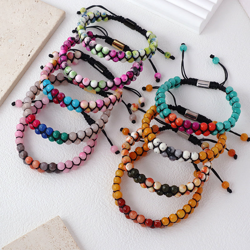 Various Colorful Custom OEM Mens Women Double Layer Stainless Steel Logo Macrame Woven Handmade 6mm Natural Stone Beads Bracelet