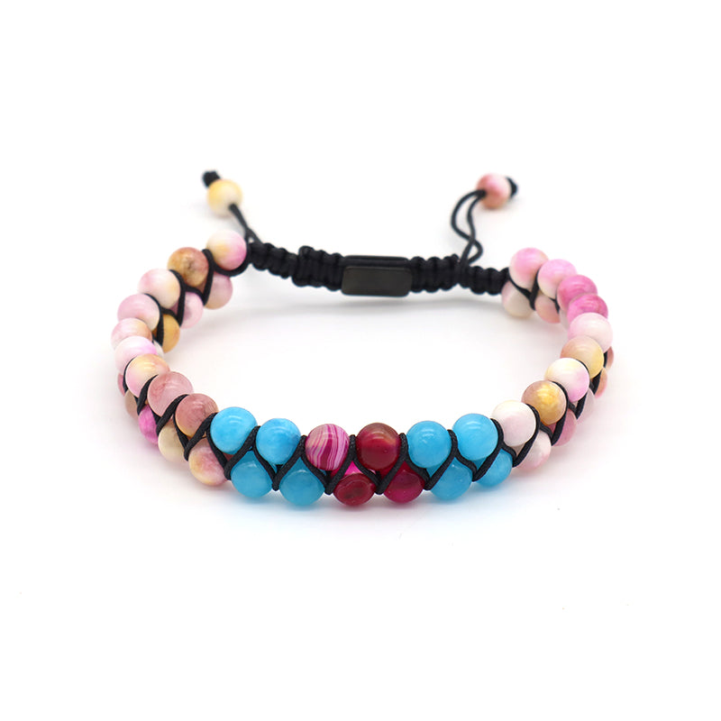 Various Colorful Custom OEM Mens Women Double Layer Stainless Steel Logo Macrame Woven Handmade 6mm Natural Stone Beads Bracelet