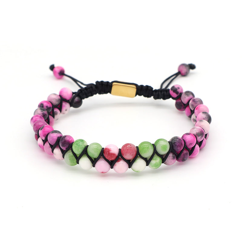 Various Colorful Custom OEM Mens Women Double Layer Stainless Steel Logo Macrame Woven Handmade 6mm Natural Stone Beads Bracelet