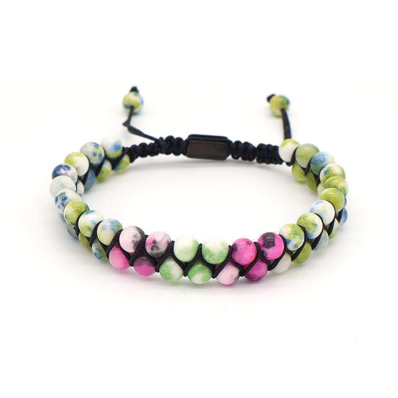 Various Colorful Custom OEM Mens Women Double Layer Stainless Steel Logo Macrame Woven Handmade 6mm Natural Stone Beads Bracelet