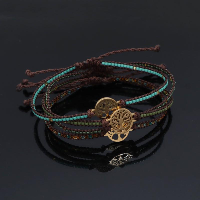 Custom Handmade OEM Women Jewelry Adjustable Braided Woven Macrame Gold Plated Stainless Steel Life Tree Charm Miyuki Bracelet