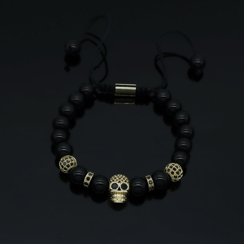 Wholesale OEM Custom Trendy Energy Gemstone Gold Plated Skull Charm Braided 8mm Natural Stone Agate Beads Bracelet For Women Men