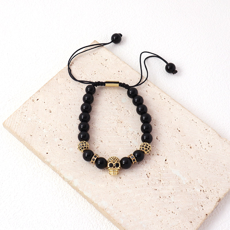 Wholesale OEM Custom Trendy Energy Gemstone Gold Plated Skull Charm Braided 8mm Natural Stone Agate Beads Bracelet For Women Men