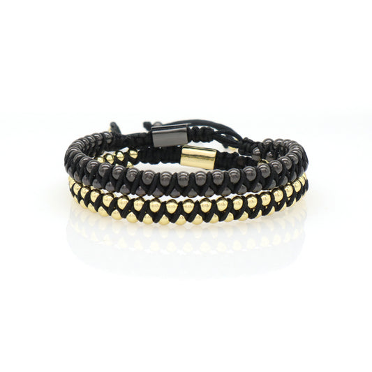 Double Layer OEM Custom Friendship 4mm Gold Plated Black Beads Jewelry Handmade Woven Braided Brass Beaded Bracelet For Women