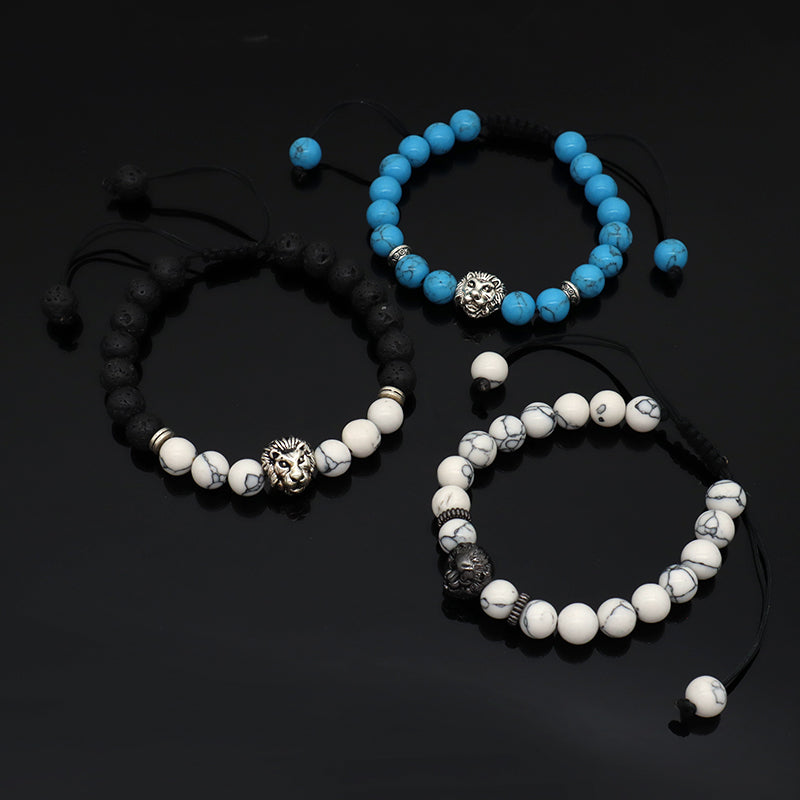 Handmade OEM Custom Energy Gemstone Rhodium Lion Charm Braided 8mm Lava Turquoise Beads Natural Stone Bracelet For Men Women