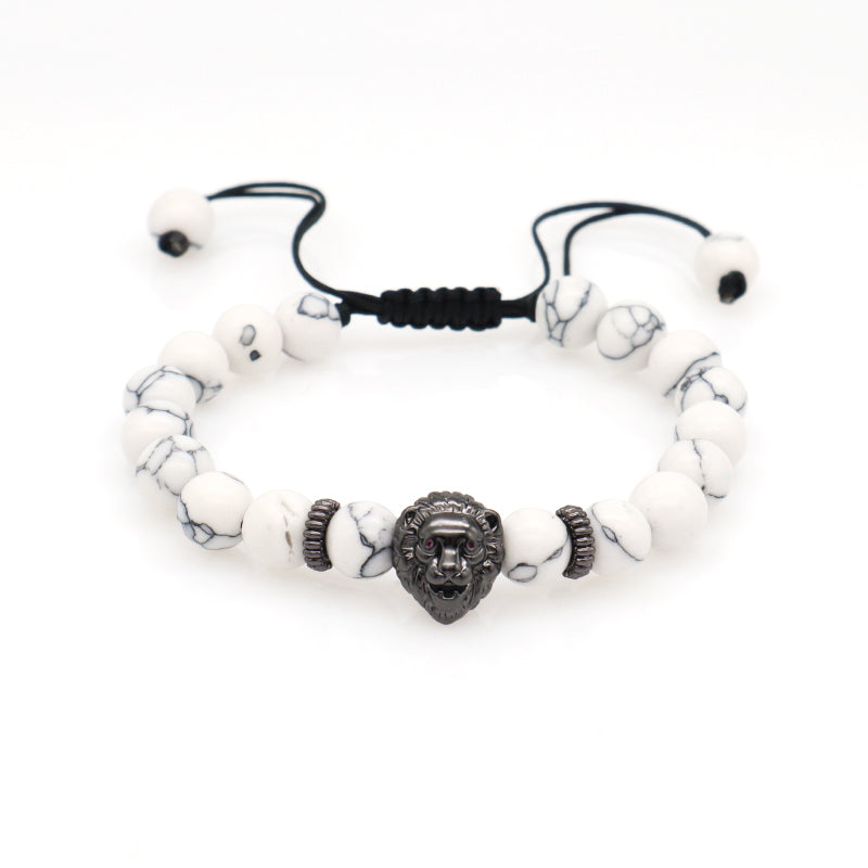 Handmade OEM Custom Energy Gemstone Rhodium Lion Charm Braided 8mm Lava Turquoise Beads Natural Stone Bracelet For Men Women