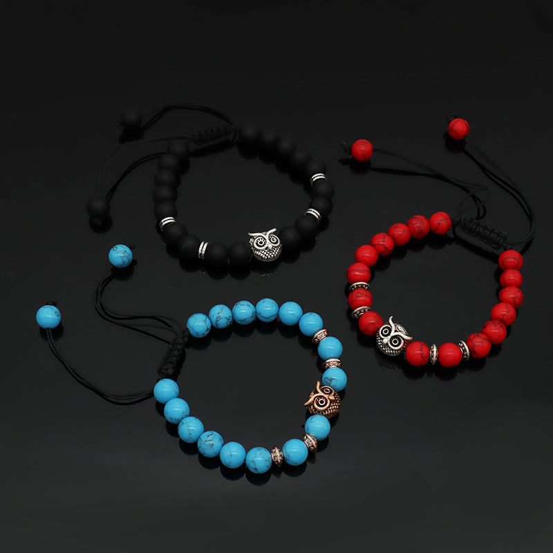 OEM Wholesale Custom Energy Gemstone Women Men Owl Charm Braided Woven 8mm Natural Stone Beads Agate Red Turquoise Bracelet