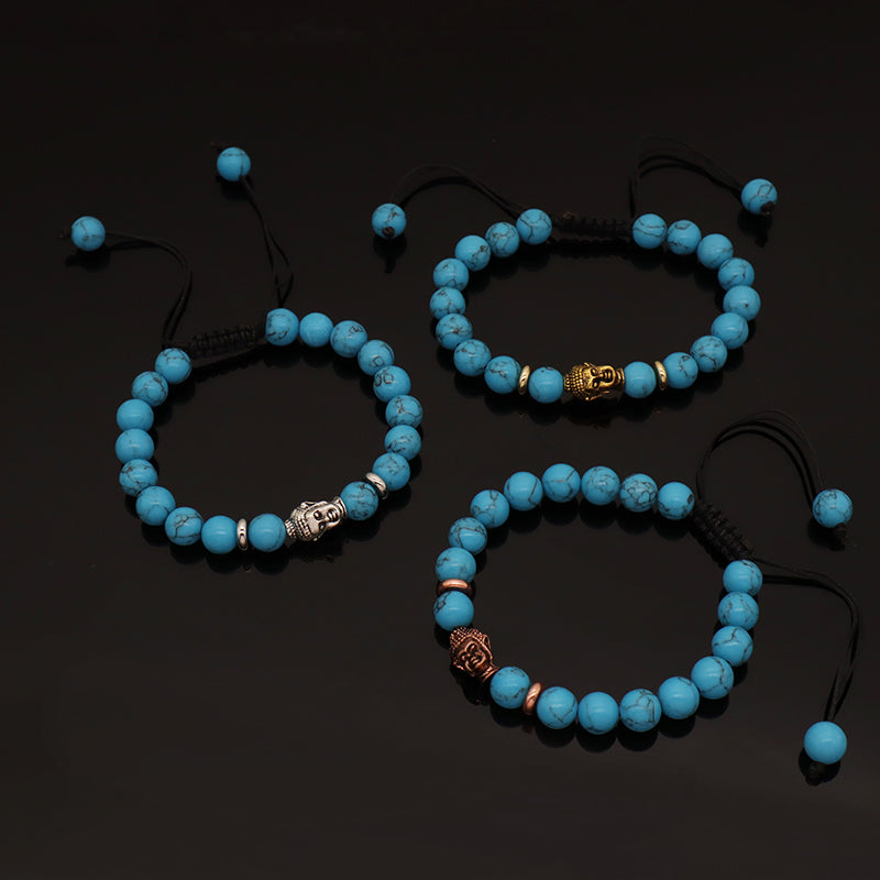 Custom Energy Gemstone Women Men OEM Wholesale Gold Plated Charm 8mm Natural Stone Braided Woven Turquoise Beads Buddha Bracelet